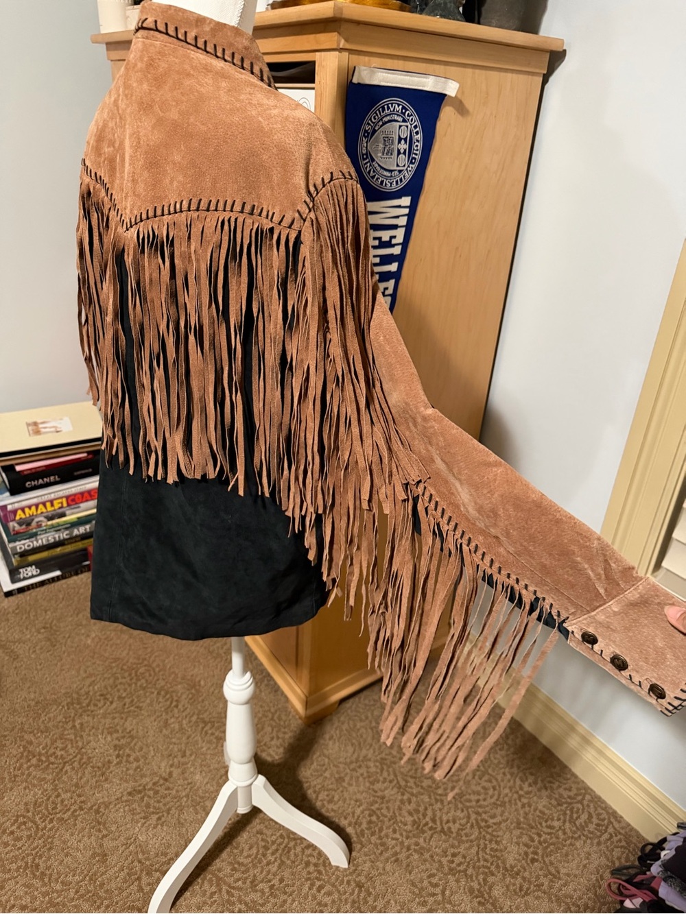 80s Bob Mackie Vintage Fringed Leather Suede Western Jacket Brown & Black Size L - Picture 6 of 15